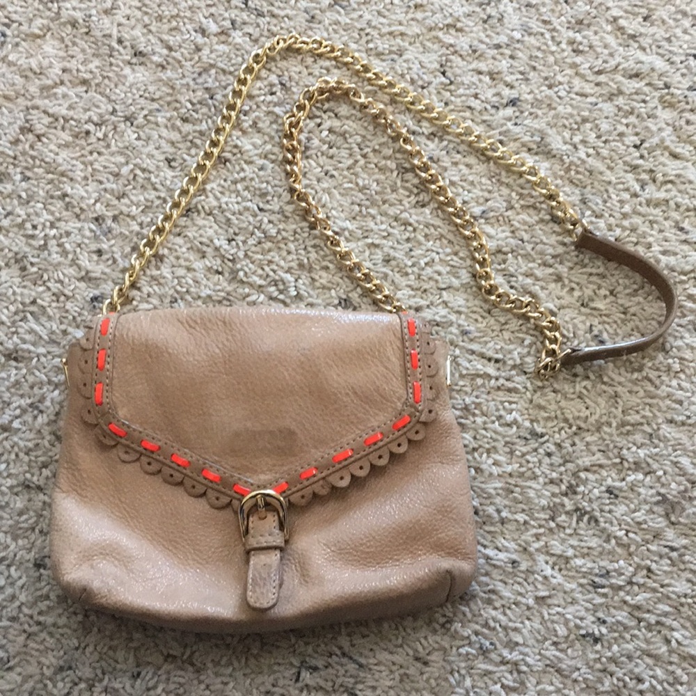 Ann Taylor tan leather crossbody bag golden strip